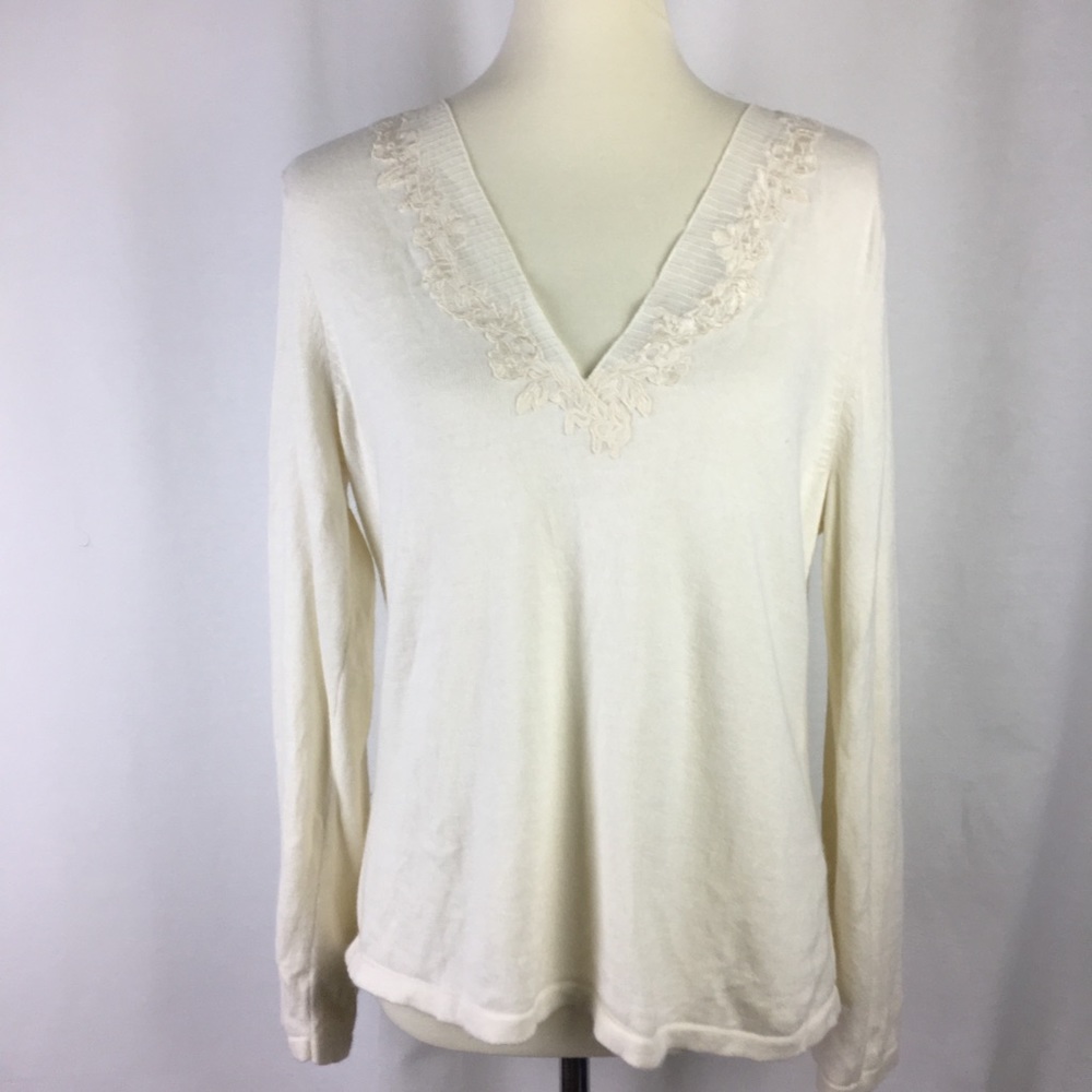 J Jill V Neck Sweater Size Large Ivory White Lace